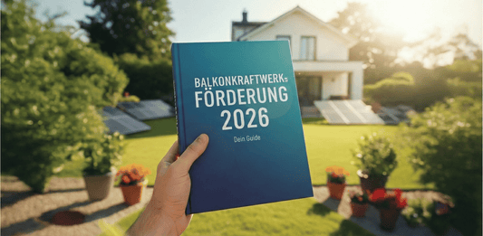 Buch mit Titel Balkonkraftwerk-Förderung 2026 - im Hintergrund Garten mit Balkonkraftwerk