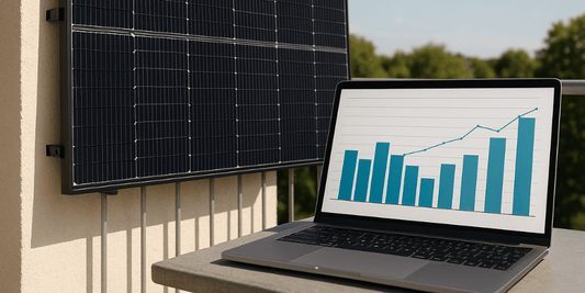 Balkonkraftwerk an Fassade und Tisch mit Laptop und Diagramm