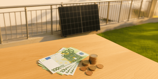 Balkonkraftwerk am Geländer und Tisch mit Bargeld