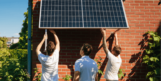Drei Personen montieren Balkonkraftwerk an Backsteinwand