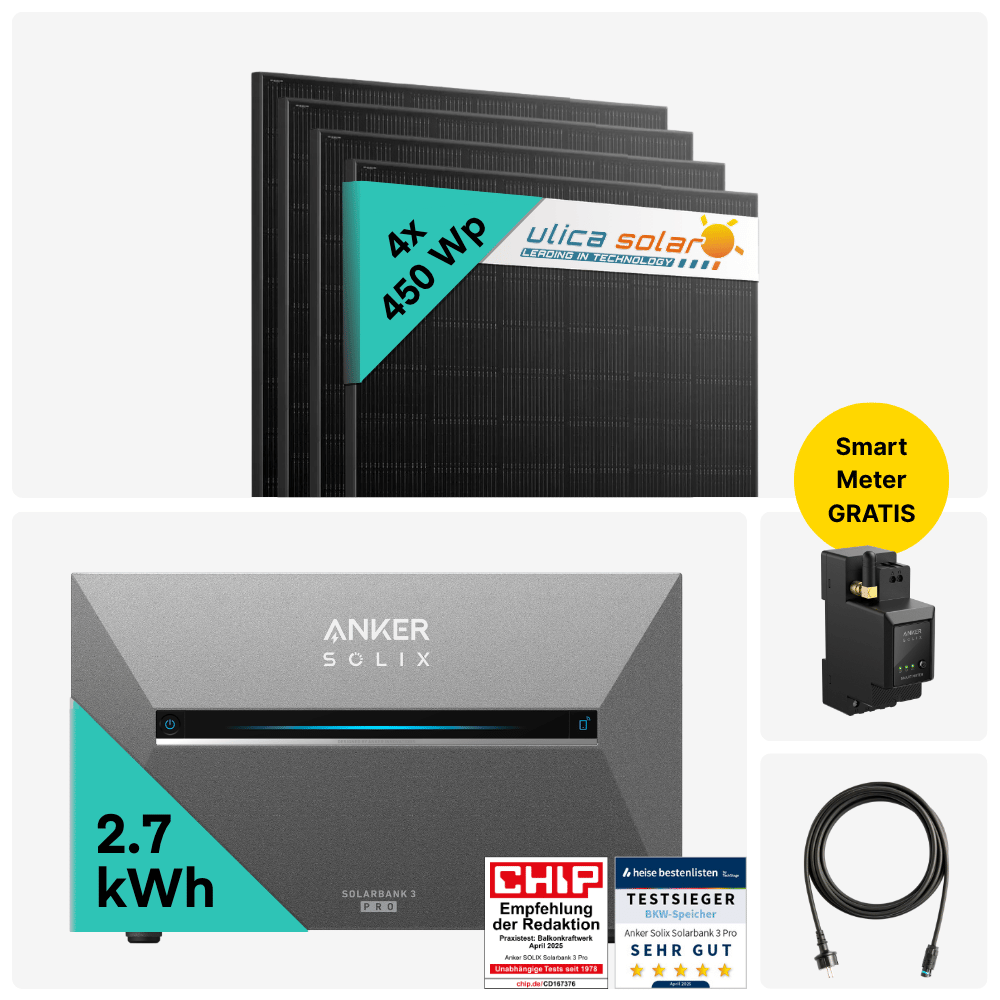 x Anker 1800W Balkonkraftwerk mit SOLIX Solarbank 3 E2700 Pro (4x Ulica 450W Bifacial + 2.7 kWh Battery)
