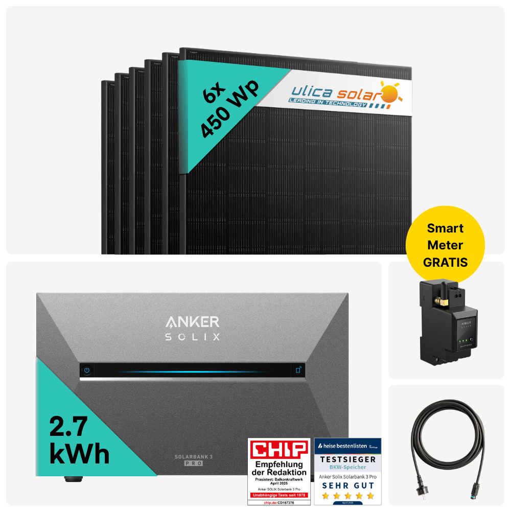 x Anker 2700W Solaranlage mit SOLIX Solarbank 3 E2700 Pro (6× Ulica 450W Bifacial + 2.7 kWh Battery)