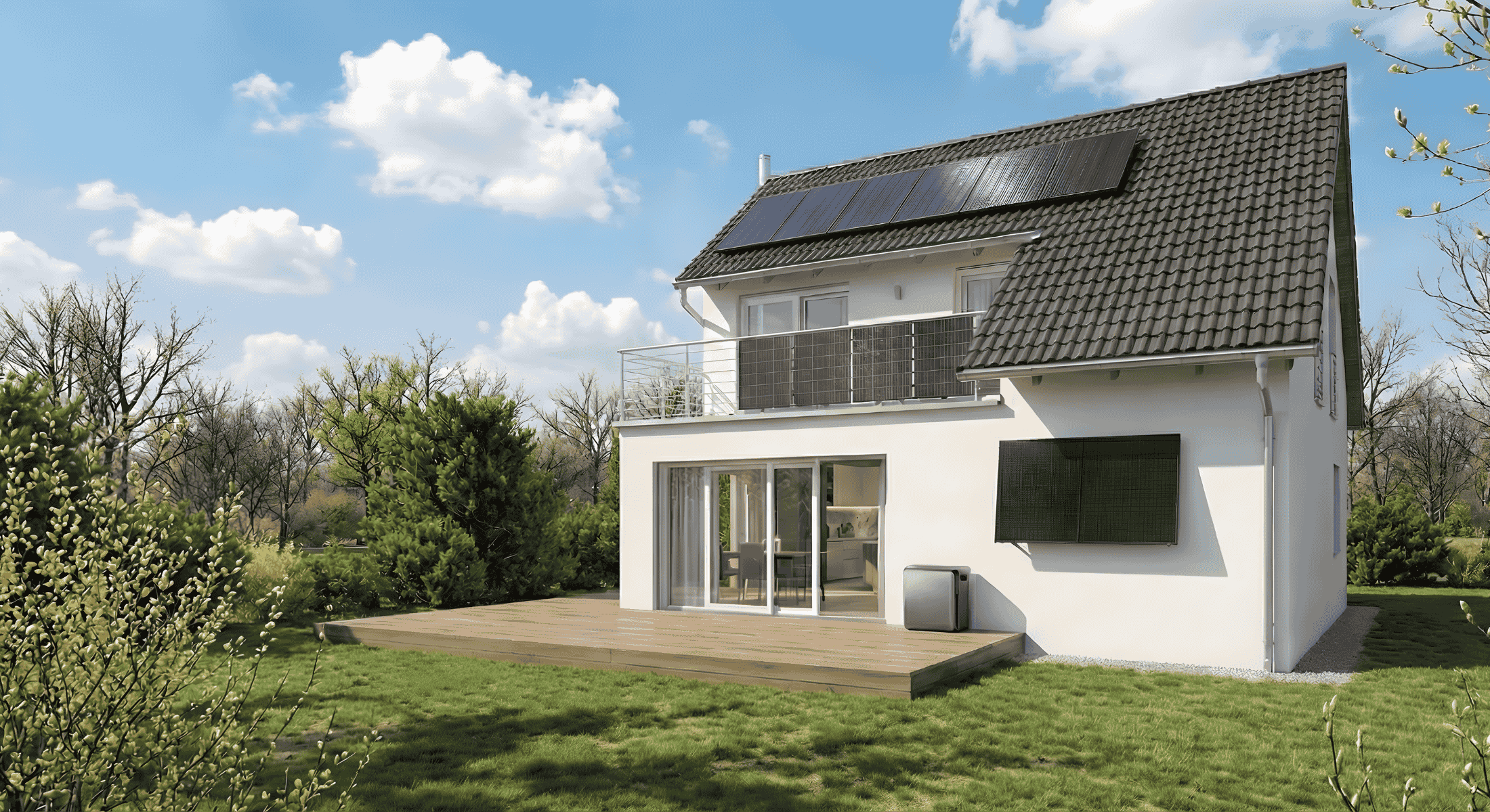 Haus mit Mini-Solaranlagen auf Dach, an Balkon und Hausfassade