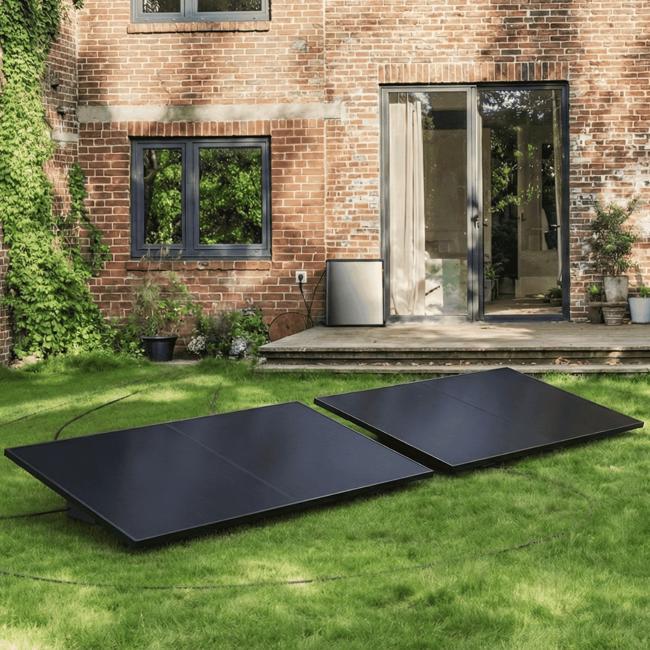 Garten mit zwei Solarpanelen und EcoFlow-Balkonkrafwerk-Speicher